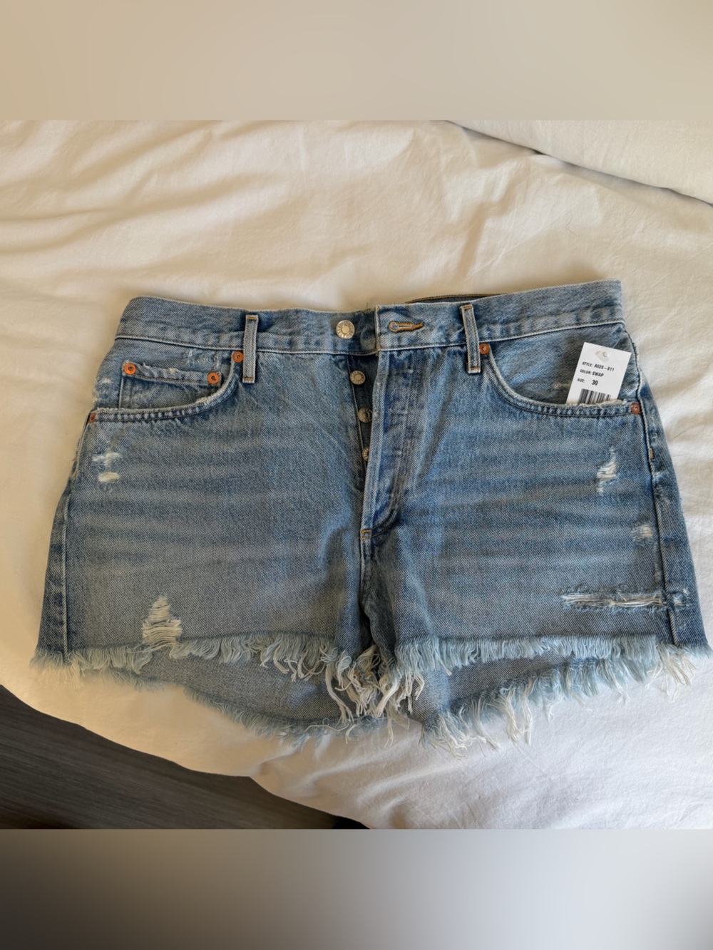 NWT Agolde Light Blue Distressed Frayed Hem Denim Shorts